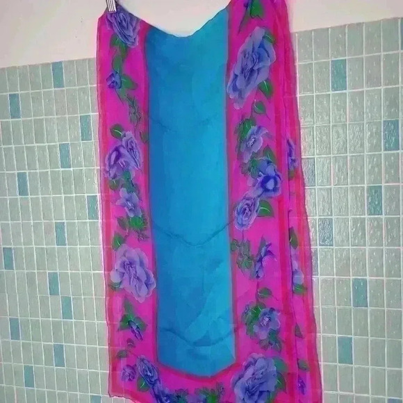 Leonard Paris Vintage Floral Silk Scarf Blue Pink - Picture 6 of 12